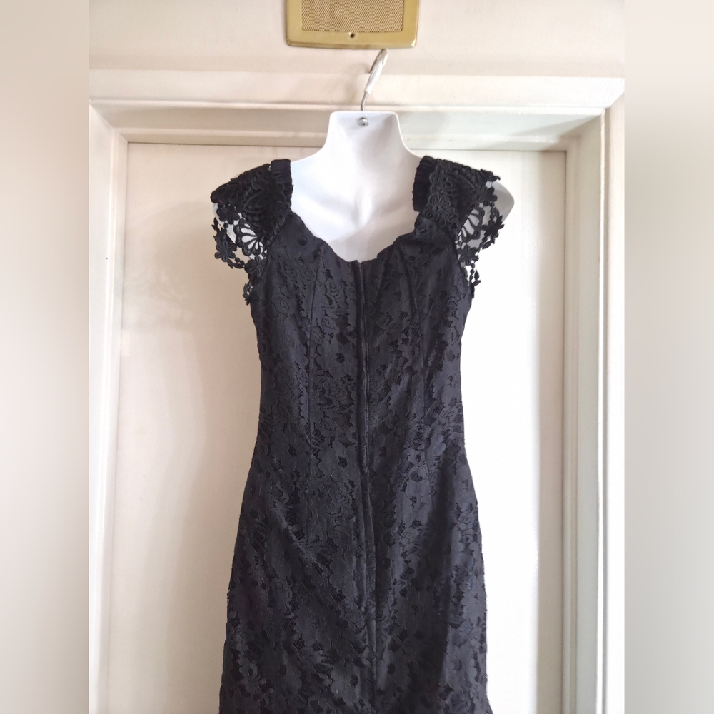 Scott McClintock Elegant Black Lace Dress. Long Asymmetric Black Cocktail Dress - Picture 4 of 13